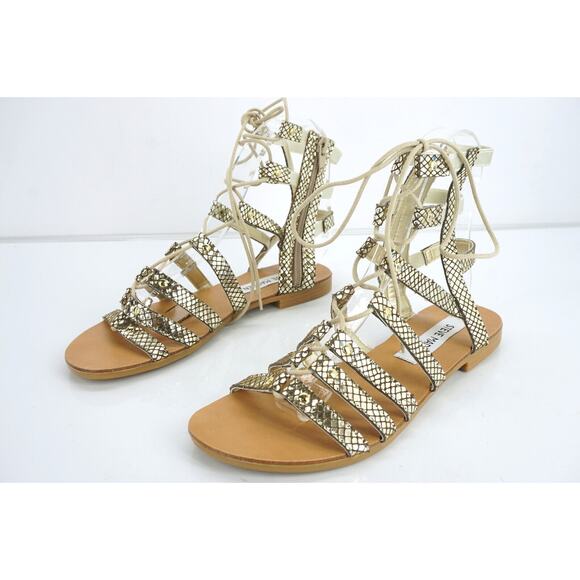 Steve Madden Gold Snake Lace up Gladiator Strappy Sandals Size 5.5 Flat - Picture 3 of 11